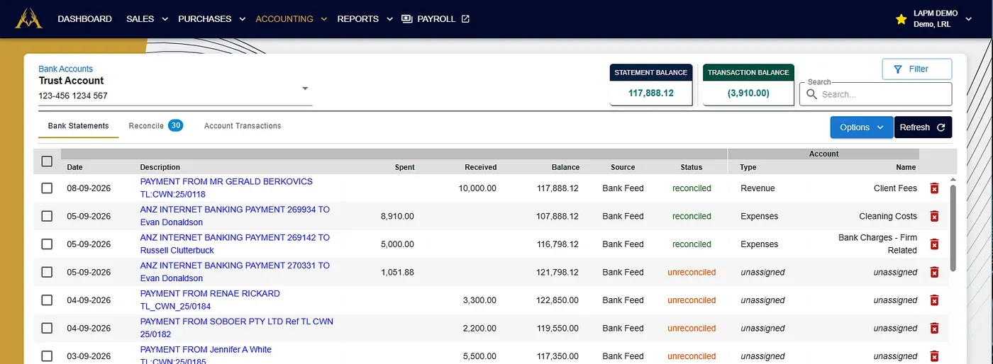 Bank statements, reconciliation and account transactions in LAPM Accounting